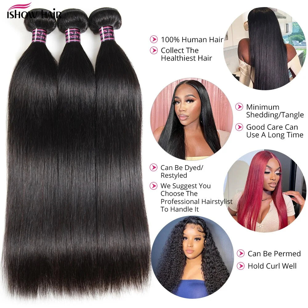 Ishow Peruvian Straight Hair Bundles Bone Straight Human Hair Bundles Remy Hair Extensions 8-30 Inches For Black Women 1/3/4 Pcs