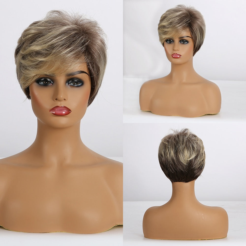 EASIHAIR Short Women Brown Wigs with Bangs Synthetic Wigs Layered Natural Hair Bob Wig Cosplay Daily Wigs Heat Resistant