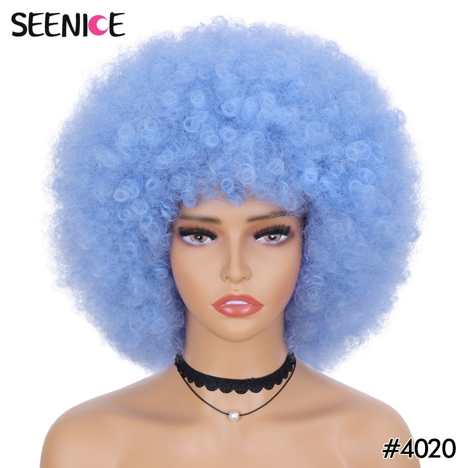 Afro Kinky Curly Wig With Bangs Short Fluffy Hair Wigs For Black Women Synthetic Ombre Glueless Cosplay Natural Brown Black Pink