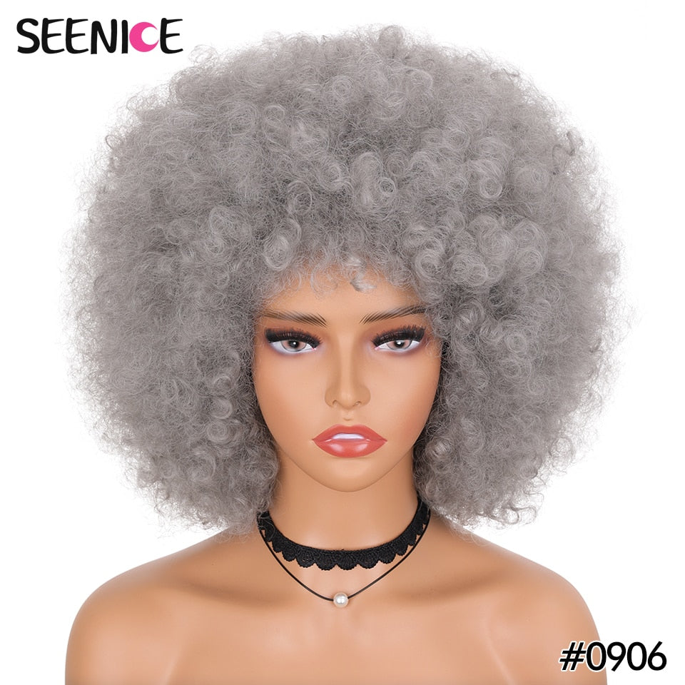 Afro Kinky Curly Wig With Bangs Short Fluffy Hair Wigs For Black Women Synthetic Ombre Glueless Cosplay Natural Brown Black Pink