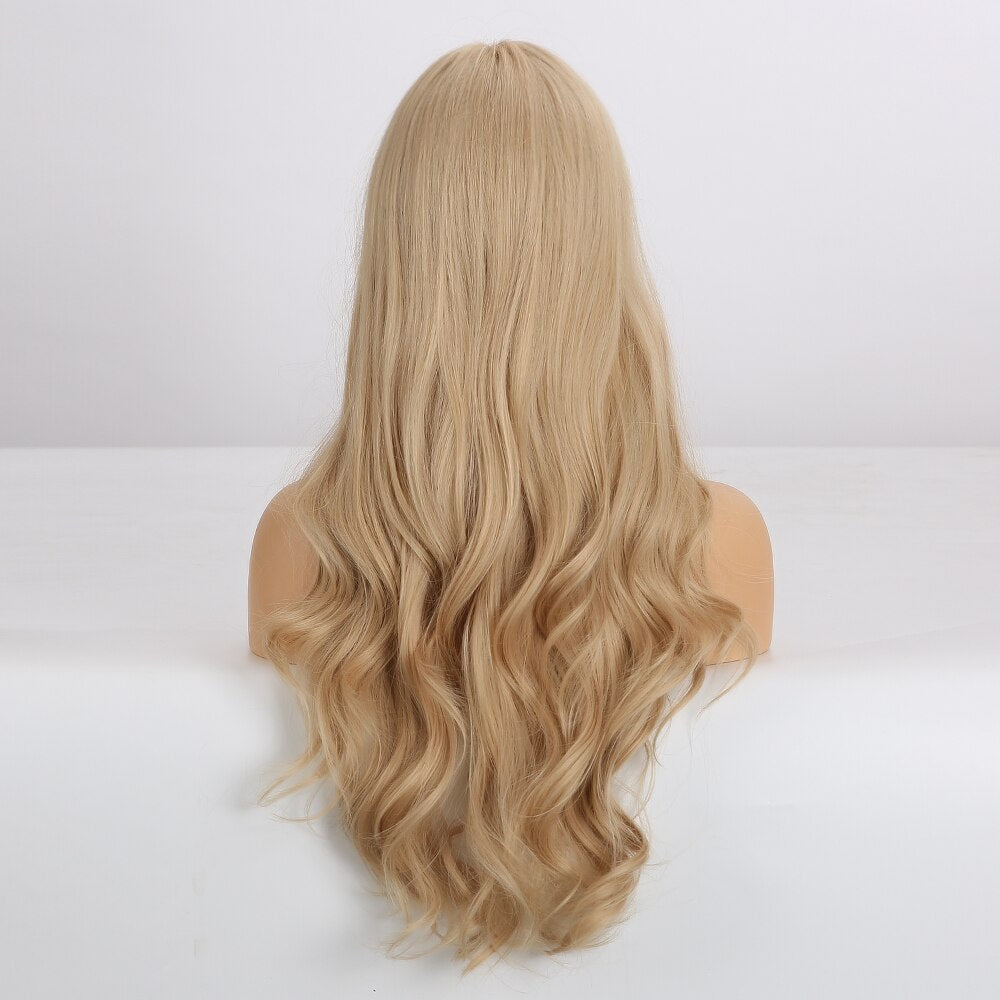 EASIHAIR Long Blonde Wavy Synthetic Wigs for Women Wigs with Bangs High Density Natural Cosplay Wigs Brown Ombre Heat Resistant