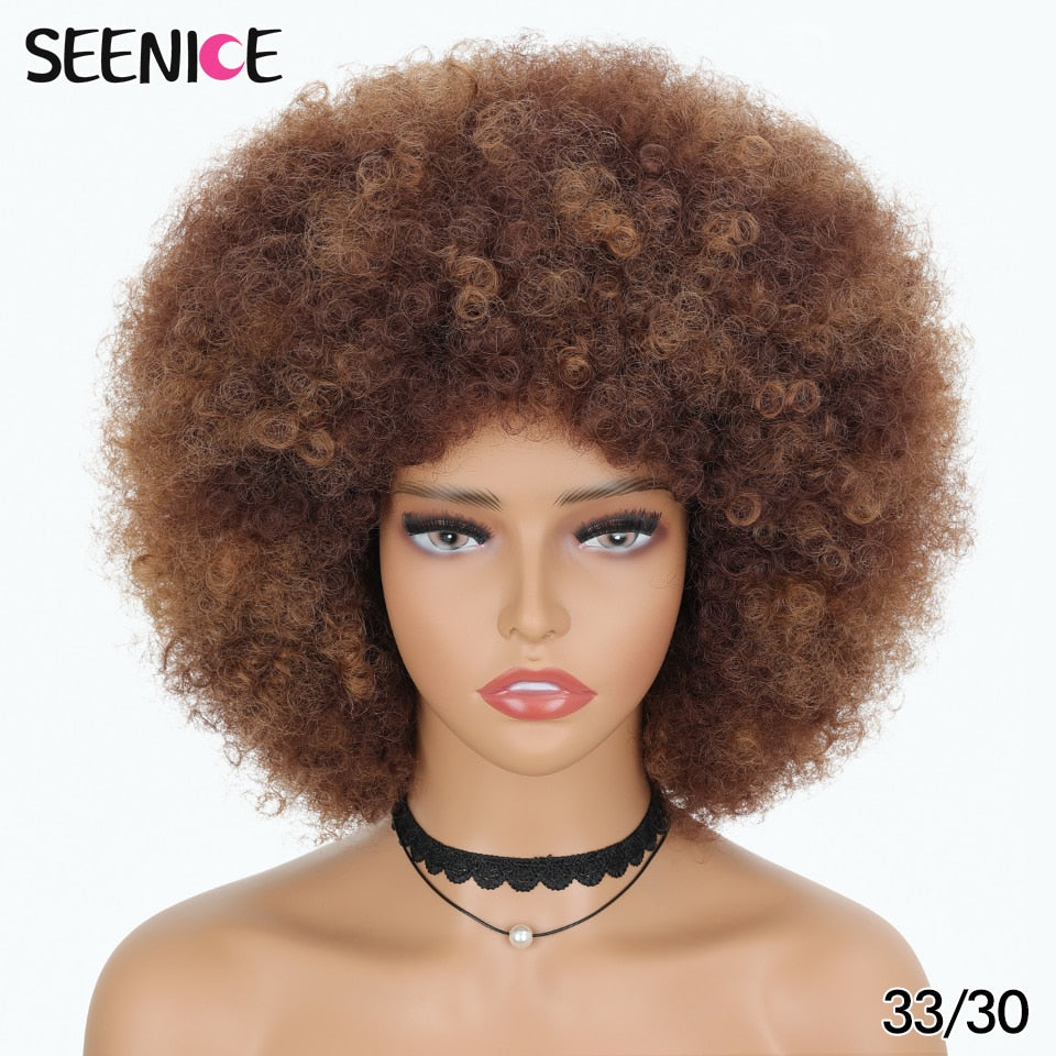 Afro Kinky Curly Wig With Bangs Short Fluffy Hair Wigs For Black Women Synthetic Ombre Glueless Cosplay Natural Brown Black Pink