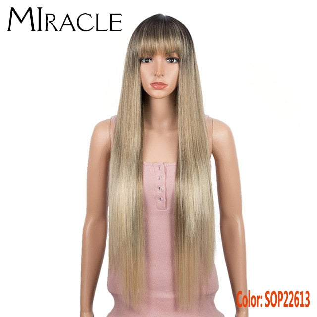 Miracle Blonde Wigs for Black Women Synthetic Wig With Bangs Straight Pink Purple Wigs 32inc Heat Resistant Fiber Cosplay Wigs