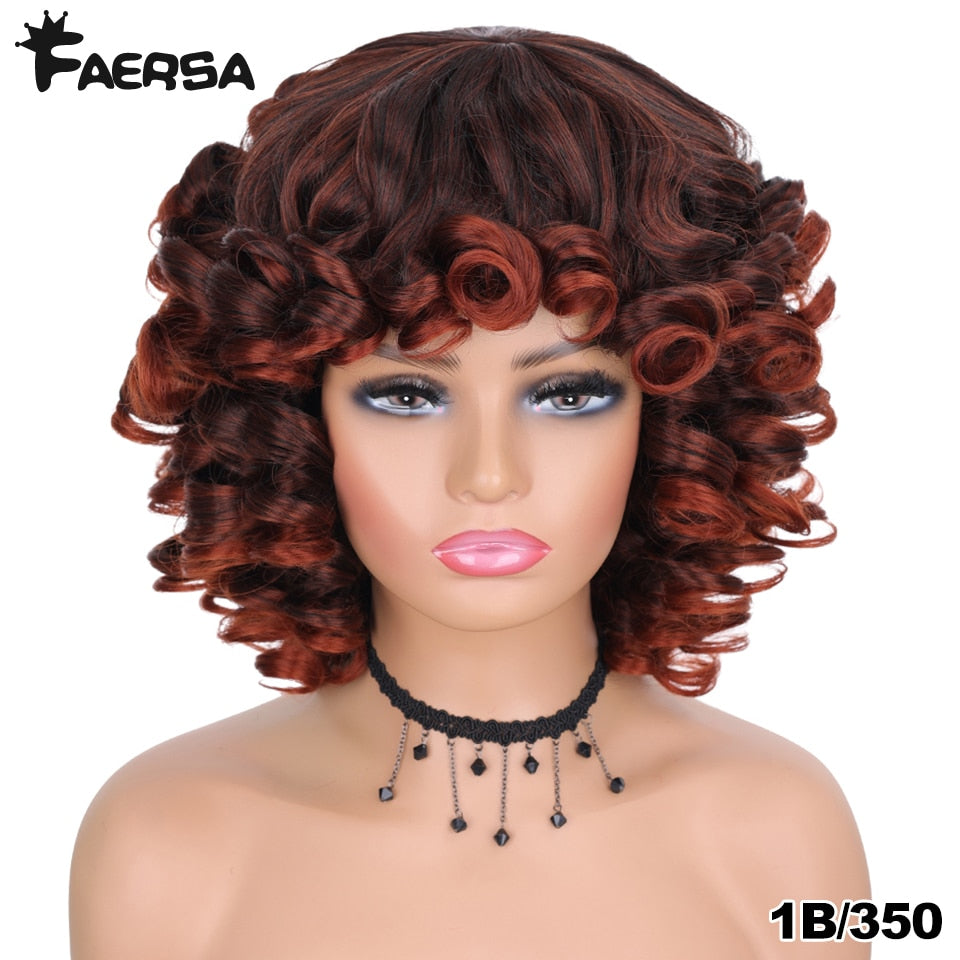 Short Hair Afro Kinky Curly Wigs With Bangs For Black Women Fluffy Synthetic African Ombre Glueless Cosplay Natural Brown Wigs