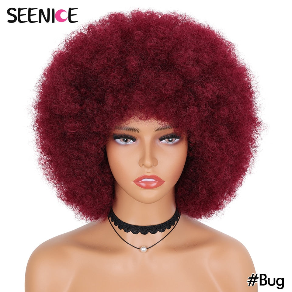 Afro Kinky Curly Wig With Bangs Short Fluffy Hair Wigs For Black Women Synthetic Ombre Glueless Cosplay Natural Brown Black Pink