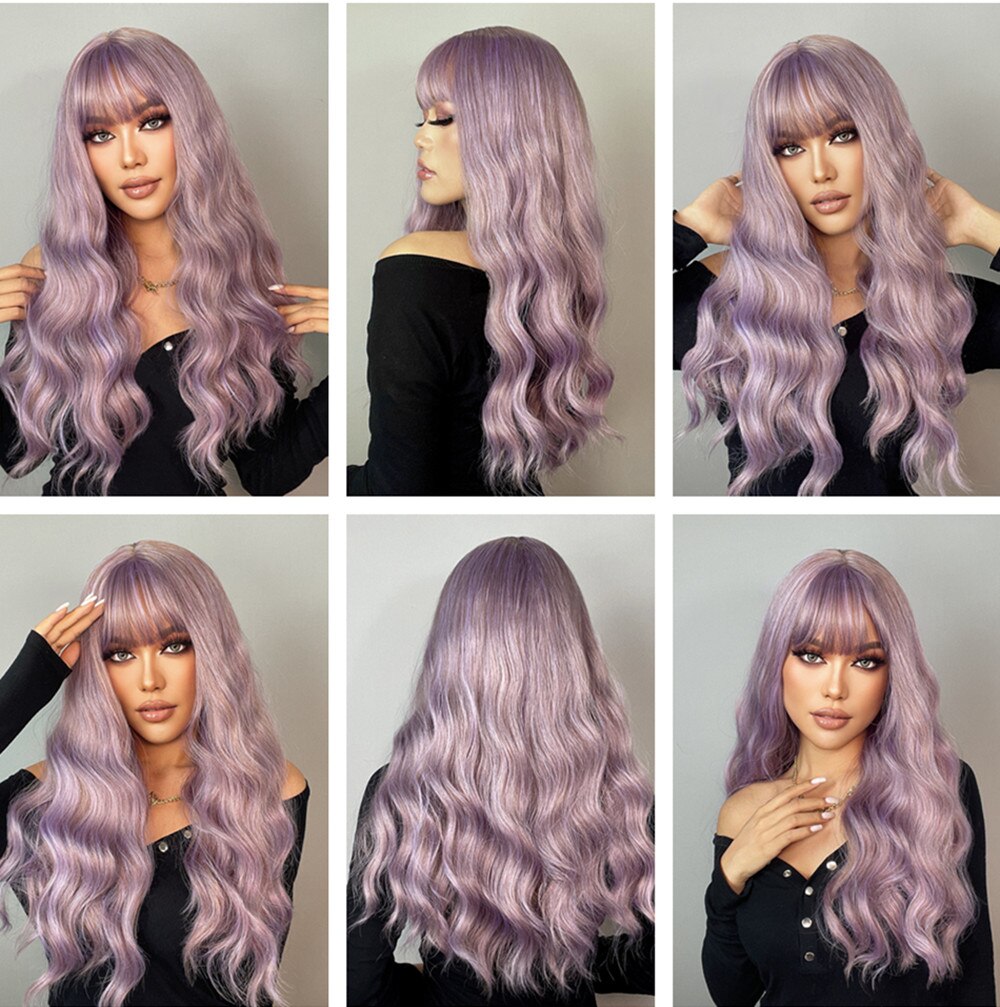 EASIHAIR Long Mix Purple Women&#39;s Wigs With Bangs Synthetic Hair Wigs for Women Cute Heat Resistant Cosplay Wigs