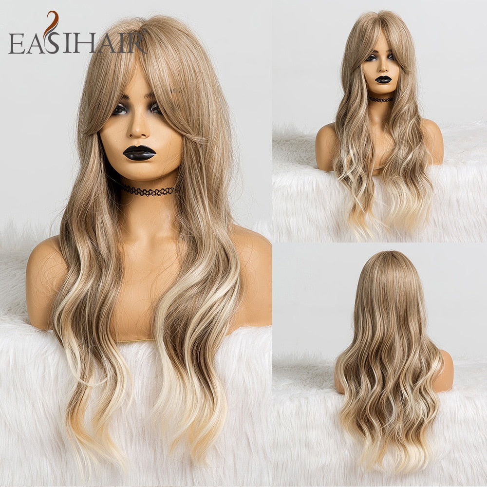 EASIHAIR Long Blonde Wavy Synthetic Wigs for Women Wigs with Bangs High Density Natural Cosplay Wigs Brown Ombre Heat Resistant