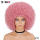 Afro Kinky Curly Wig With Bangs Short Fluffy Hair Wigs For Black Women Synthetic Ombre Glueless Cosplay Natural Brown Black Pink