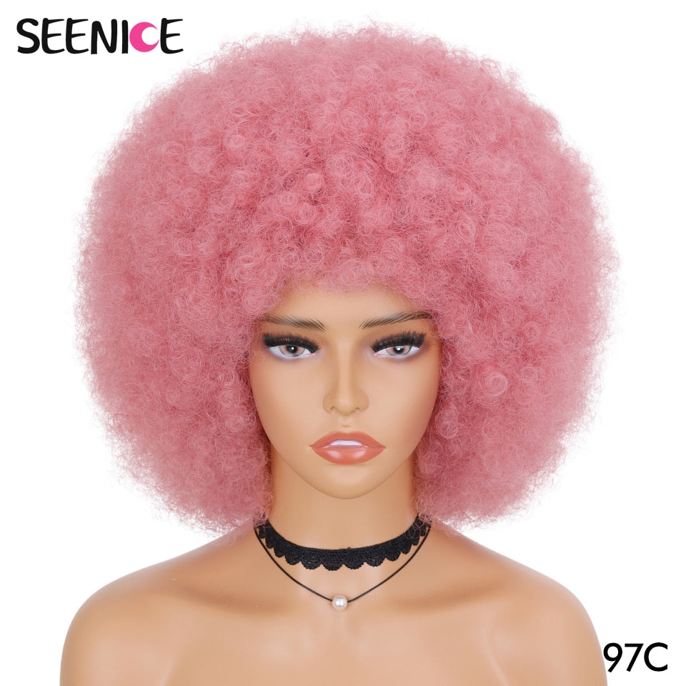 Afro Kinky Curly Wig With Bangs Short Fluffy Hair Wigs For Black Women Synthetic Ombre Glueless Cosplay Natural Brown Black Pink