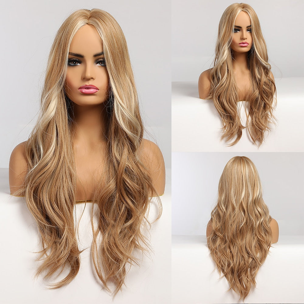 Long Wavy Blonde Synthetic Wigs with Highlights Wigs Middle Part for Afro Women Heat Resistant Cosplay Natural Hair Wigs