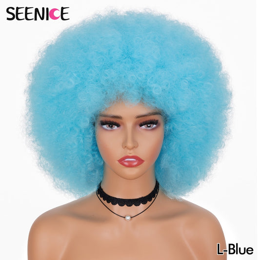 Afro Kinky Curly Wig With Bangs Short Fluffy Hair Wigs For Black Women Synthetic Ombre Glueless Cosplay Natural Brown Black Pink