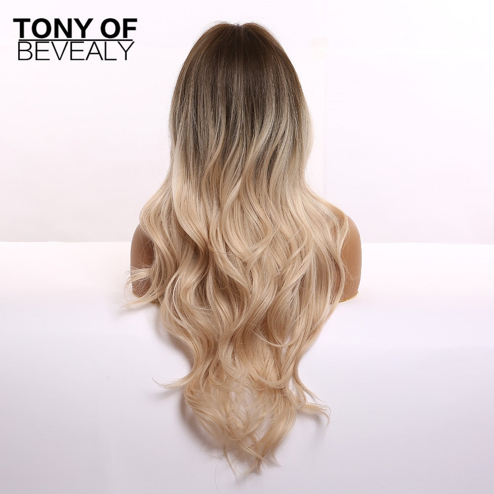 Long Wavy Blonde Synthetic Wigs with Highlights Wigs Middle Part for Afro Women Heat Resistant Cosplay Natural Hair Wigs