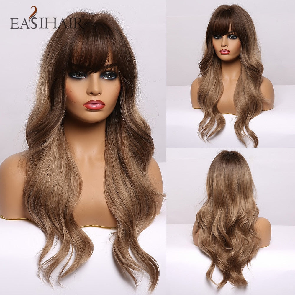 EASIHAIR Grey Ombre Wavy Wigs Long Synthetic Wigs for Women Wigs with Bangs Natural Hair Wigs Heat Resistant Cosplay Wigs