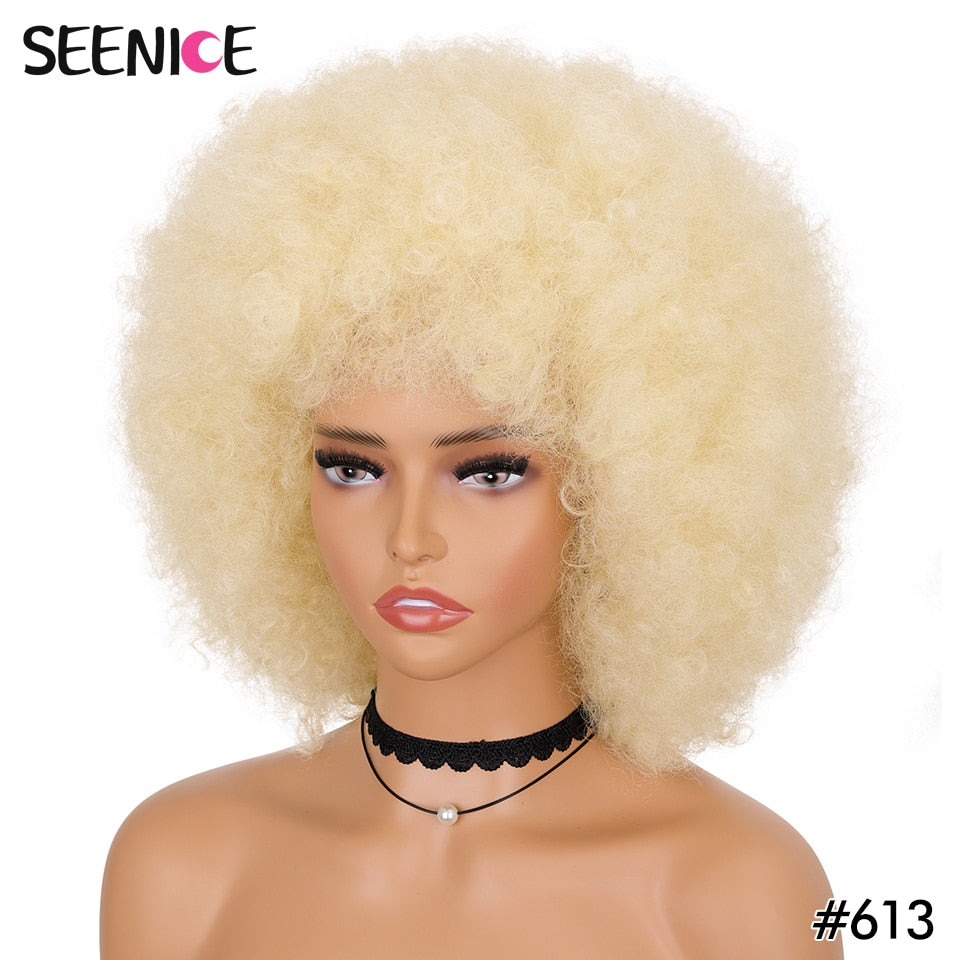 Afro Kinky Curly Wig With Bangs Short Fluffy Hair Wigs For Black Women Synthetic Ombre Glueless Cosplay Natural Brown Black Pink