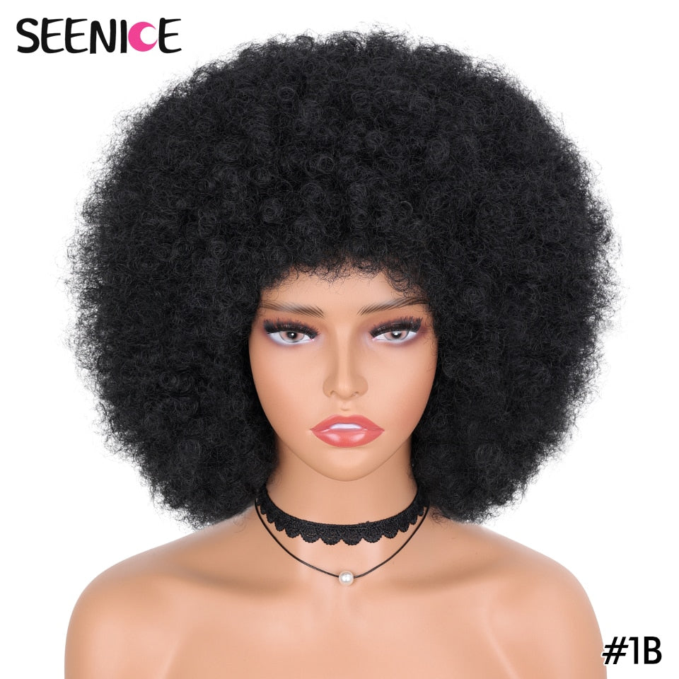 Afro Kinky Curly Wig With Bangs Short Fluffy Hair Wigs For Black Women Synthetic Ombre Glueless Cosplay Natural Brown Black Pink