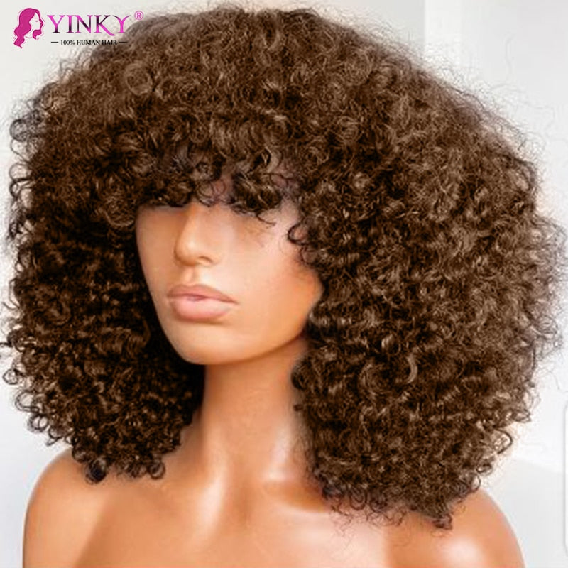 Brazilian Kinky Curly Human Hair Wigs With Bangs Short Bob Wigs Human Hair Glueless Full Machine Made Wigs for Black Women