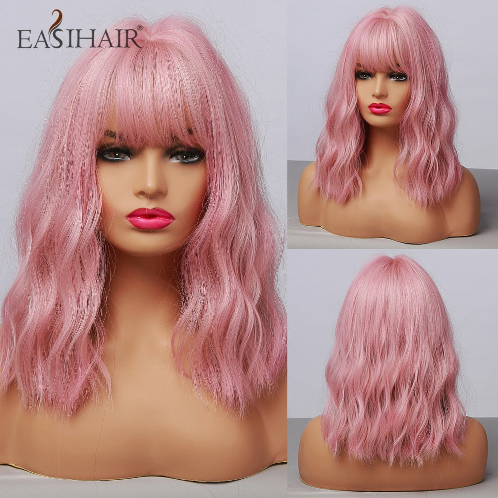 EASIHAIR Pink Bob Wigs for Women Synthetic Wigs with Bangs Natural Hair Pink Wig Medium Length Cute Cosplay Wigs Heat Resistant