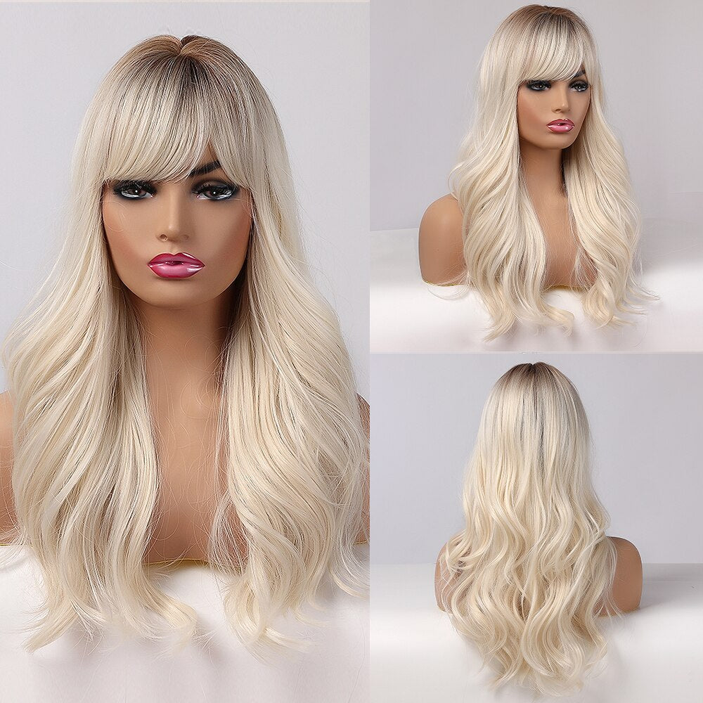 EASIHAIR Long Blonde Wavy Synthetic Wigs for Women Wigs with Bangs High Density Natural Cosplay Wigs Brown Ombre Heat Resistant