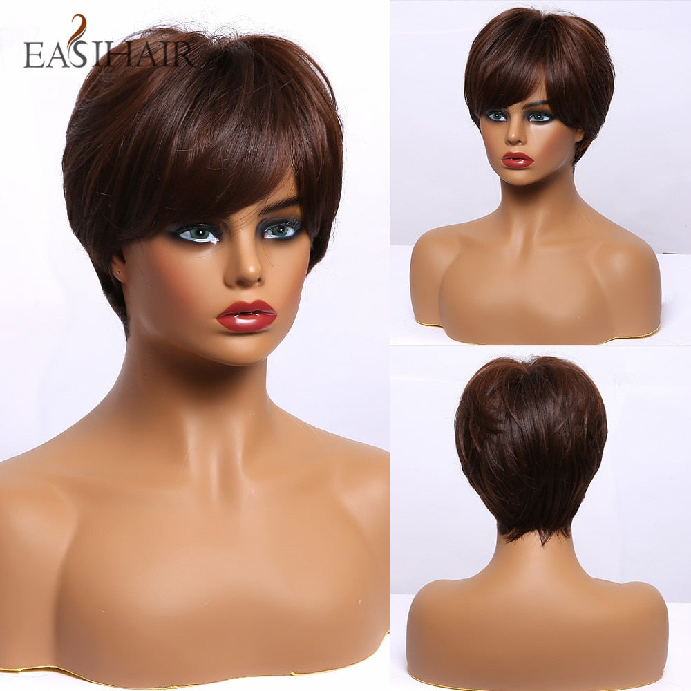 EASIHAIR Short Women Brown Wigs with Bangs Synthetic Wigs Layered Natural Hair Bob Wig Cosplay Daily Wigs Heat Resistant