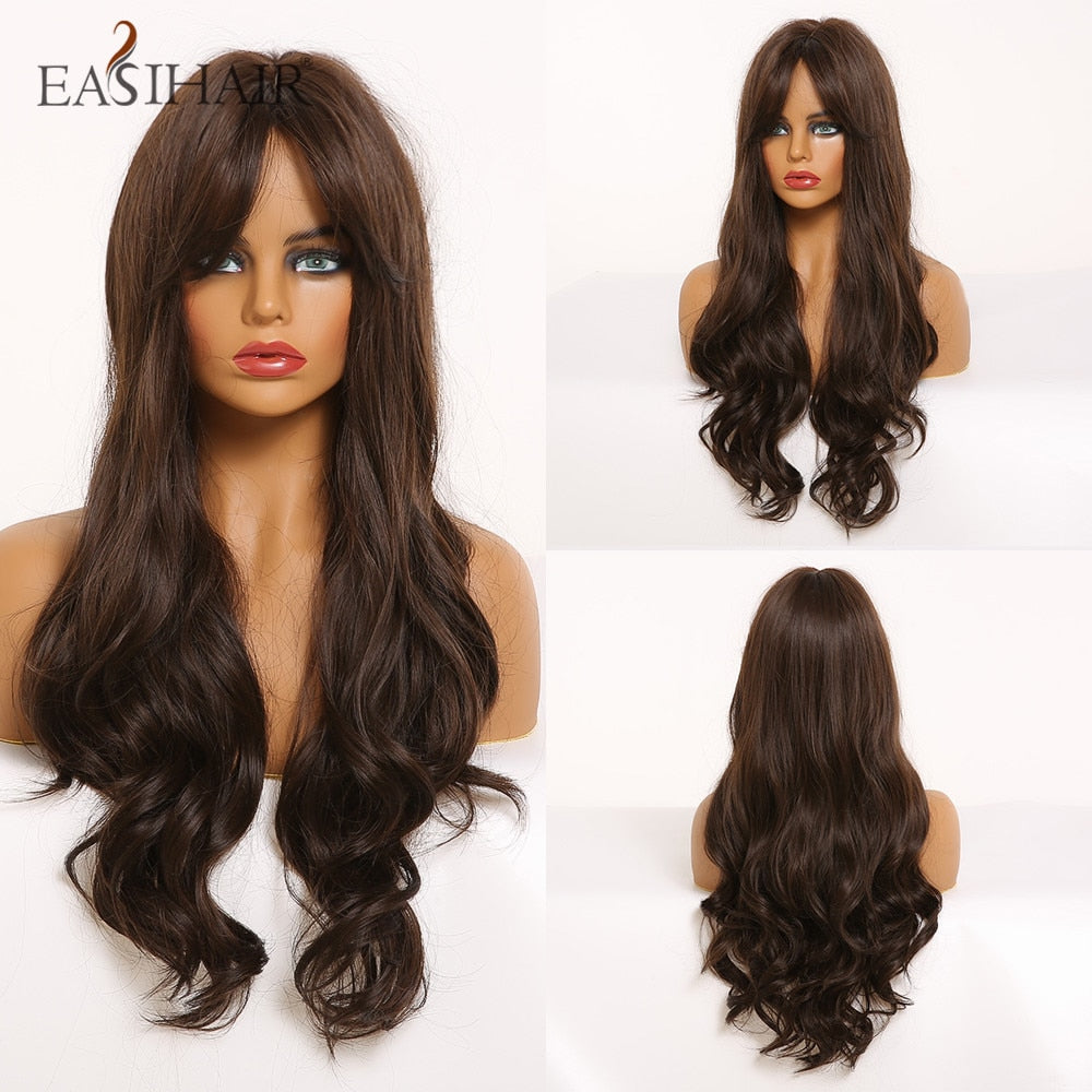 EASIHAIR Long Blonde Wavy Synthetic Wigs for Women Wigs with Bangs High Density Natural Cosplay Wigs Brown Ombre Heat Resistant