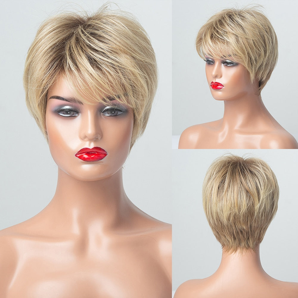 EASIHAIR Blonde Ombre Short Wigs Synthetic Hair Wigs for Women Natural Futura Hair With Bangs Daily Wigs Heat Resistant