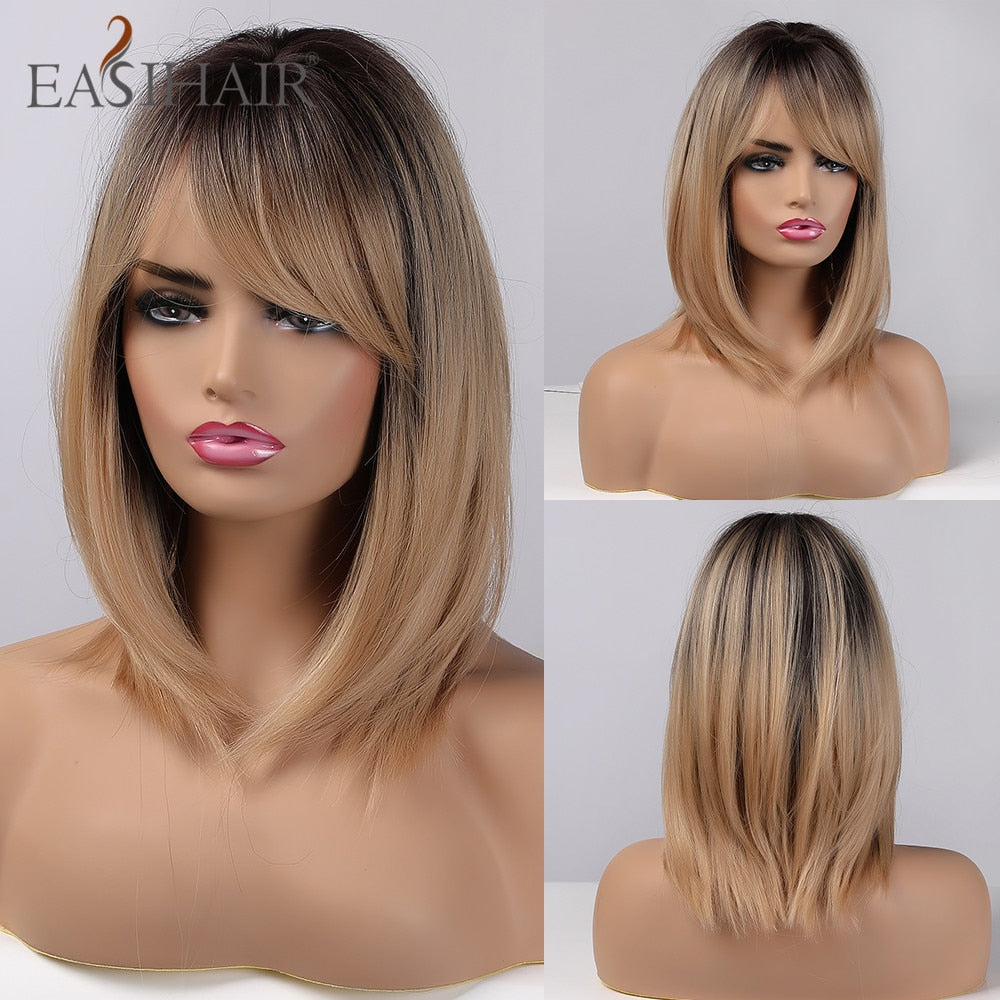 EASIHAIR Pink Bob Wigs for Women Synthetic Wigs with Bangs Natural Hair Pink Wig Medium Length Cute Cosplay Wigs Heat Resistant