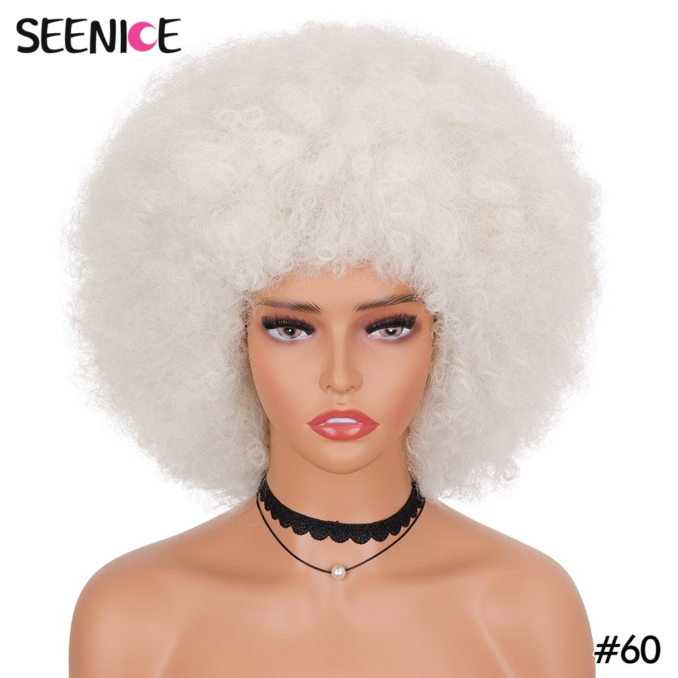 Afro Kinky Curly Wig With Bangs Short Fluffy Hair Wigs For Black Women Synthetic Ombre Glueless Cosplay Natural Brown Black Pink