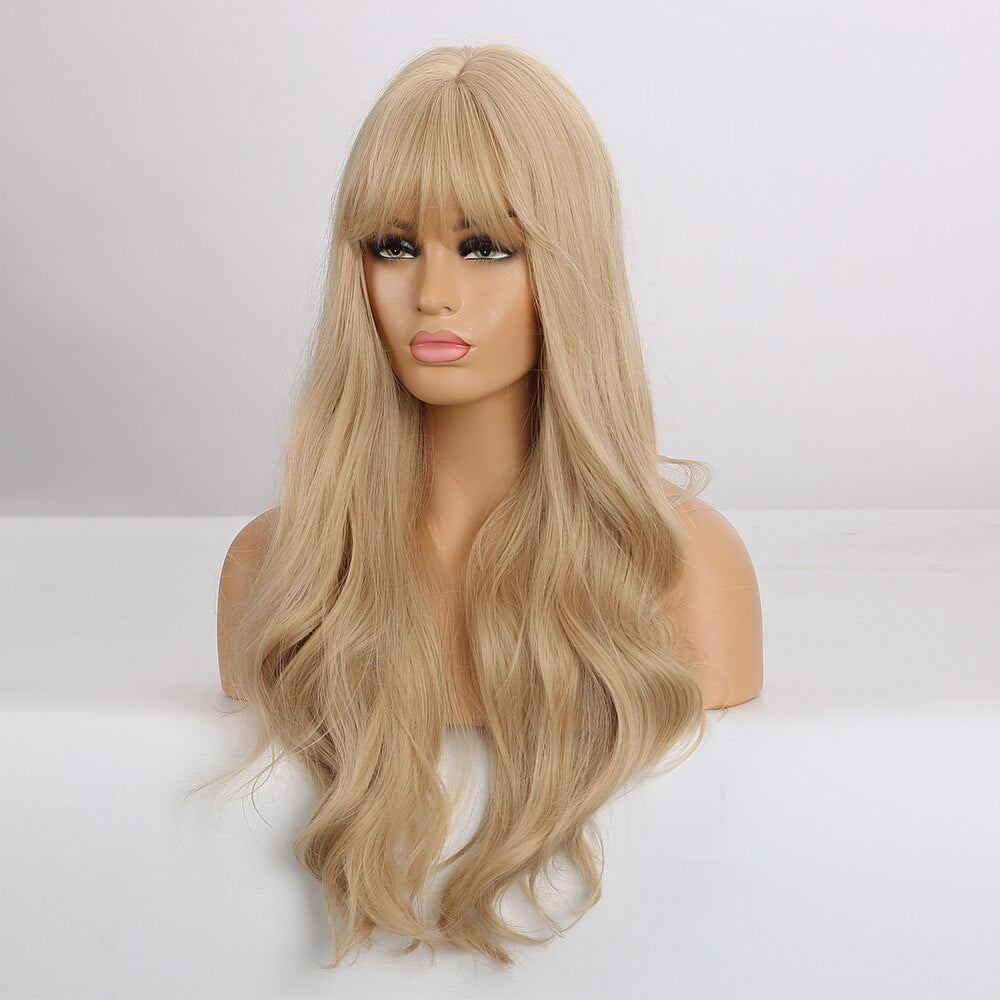 EASIHAIR Long Blonde Wavy Synthetic Wigs for Women Wigs with Bangs High Density Natural Cosplay Wigs Brown Ombre Heat Resistant