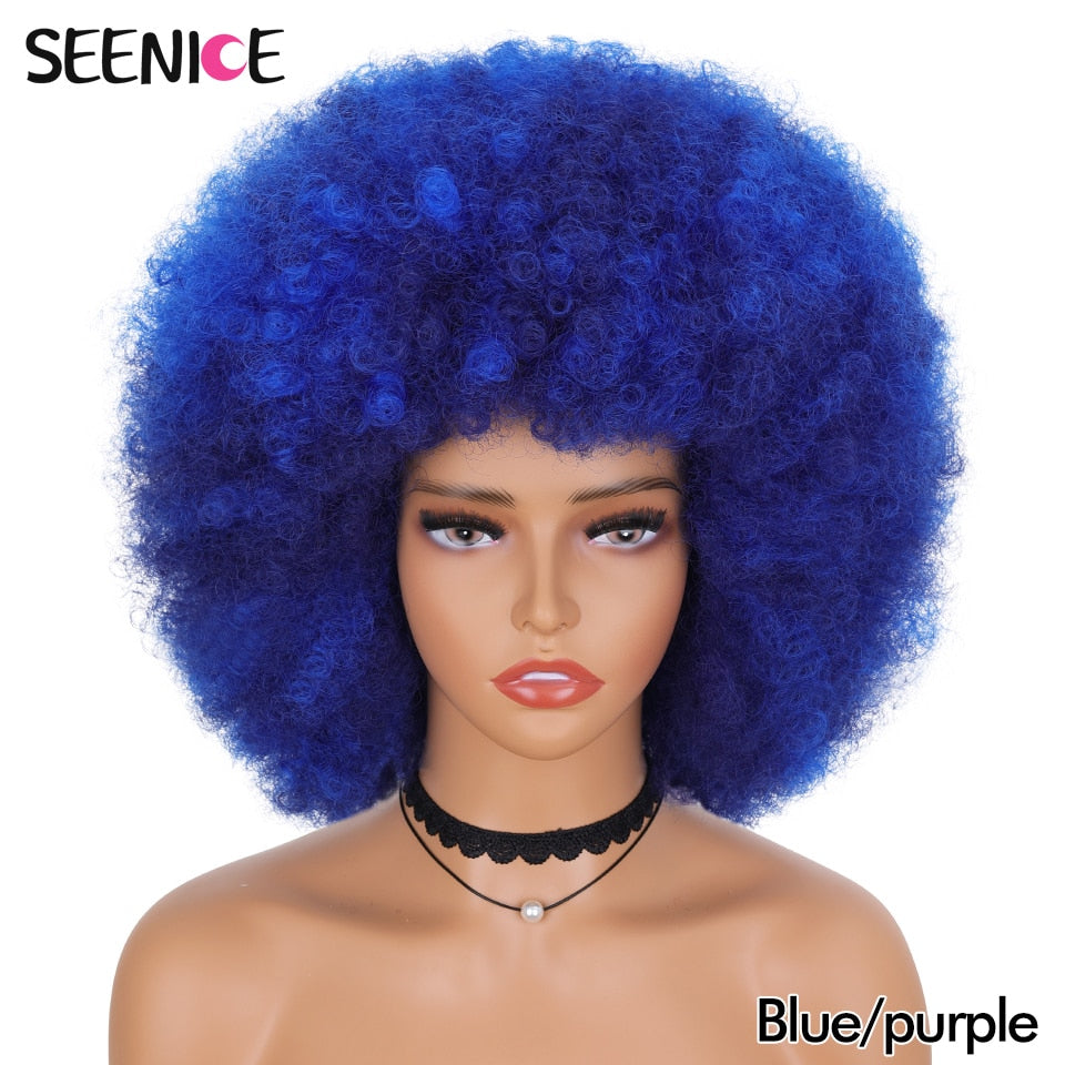 Afro Kinky Curly Wig With Bangs Short Fluffy Hair Wigs For Black Women Synthetic Ombre Glueless Cosplay Natural Brown Black Pink