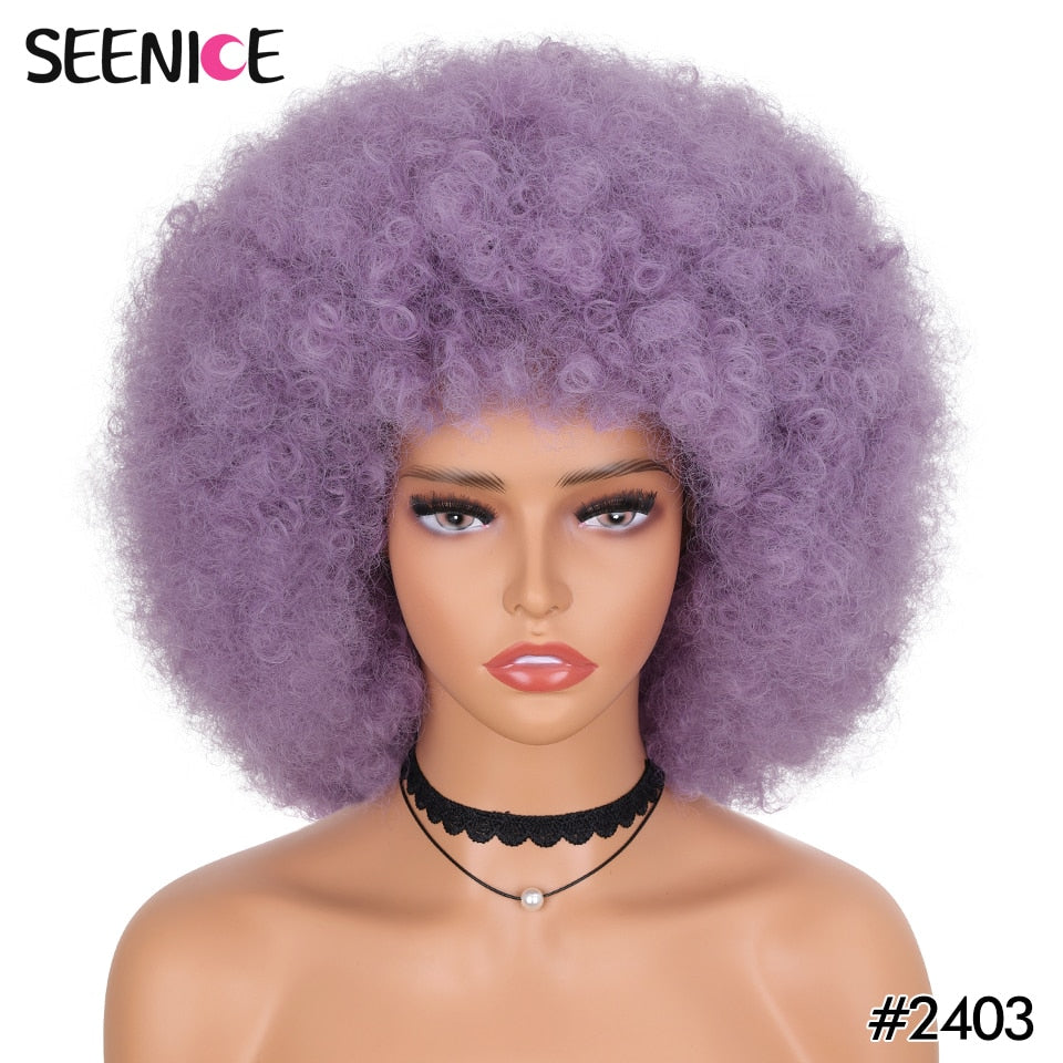 Afro Kinky Curly Wig With Bangs Short Fluffy Hair Wigs For Black Women Synthetic Ombre Glueless Cosplay Natural Brown Black Pink