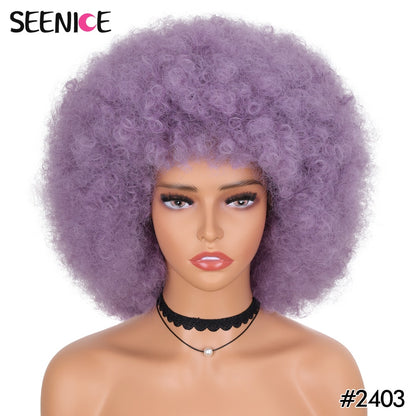 Afro Kinky Curly Wig With Bangs Short Fluffy Hair Wigs For Black Women Synthetic Ombre Glueless Cosplay Natural Brown Black Pink