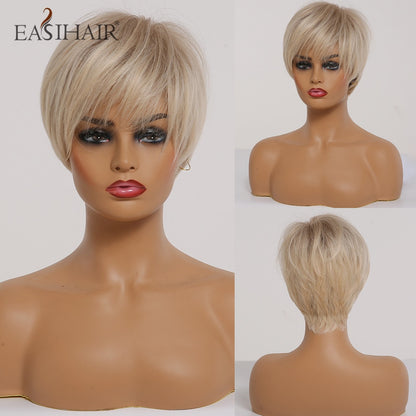 EASIHAIR Short Women Brown Wigs with Bangs Synthetic Wigs Layered Natural Hair Bob Wig Cosplay Daily Wigs Heat Resistant