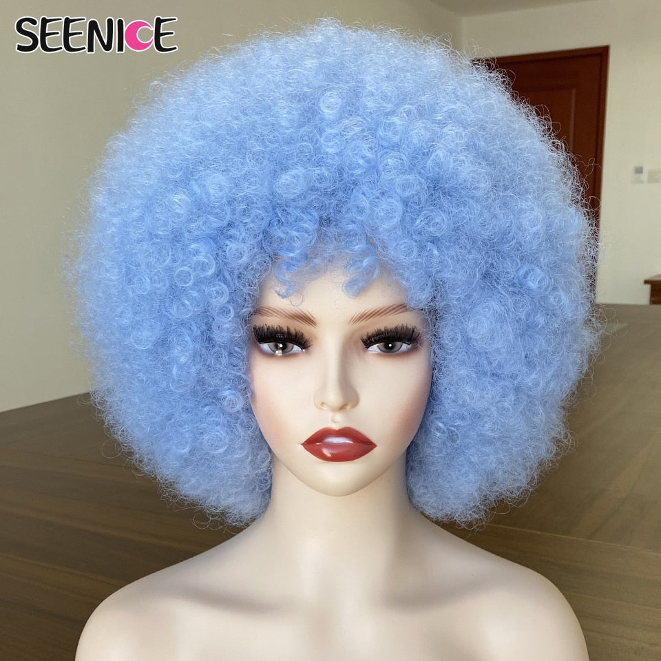 Afro Kinky Curly Wig With Bangs Short Fluffy Hair Wigs For Black Women Synthetic Ombre Glueless Cosplay Natural Brown Black Pink