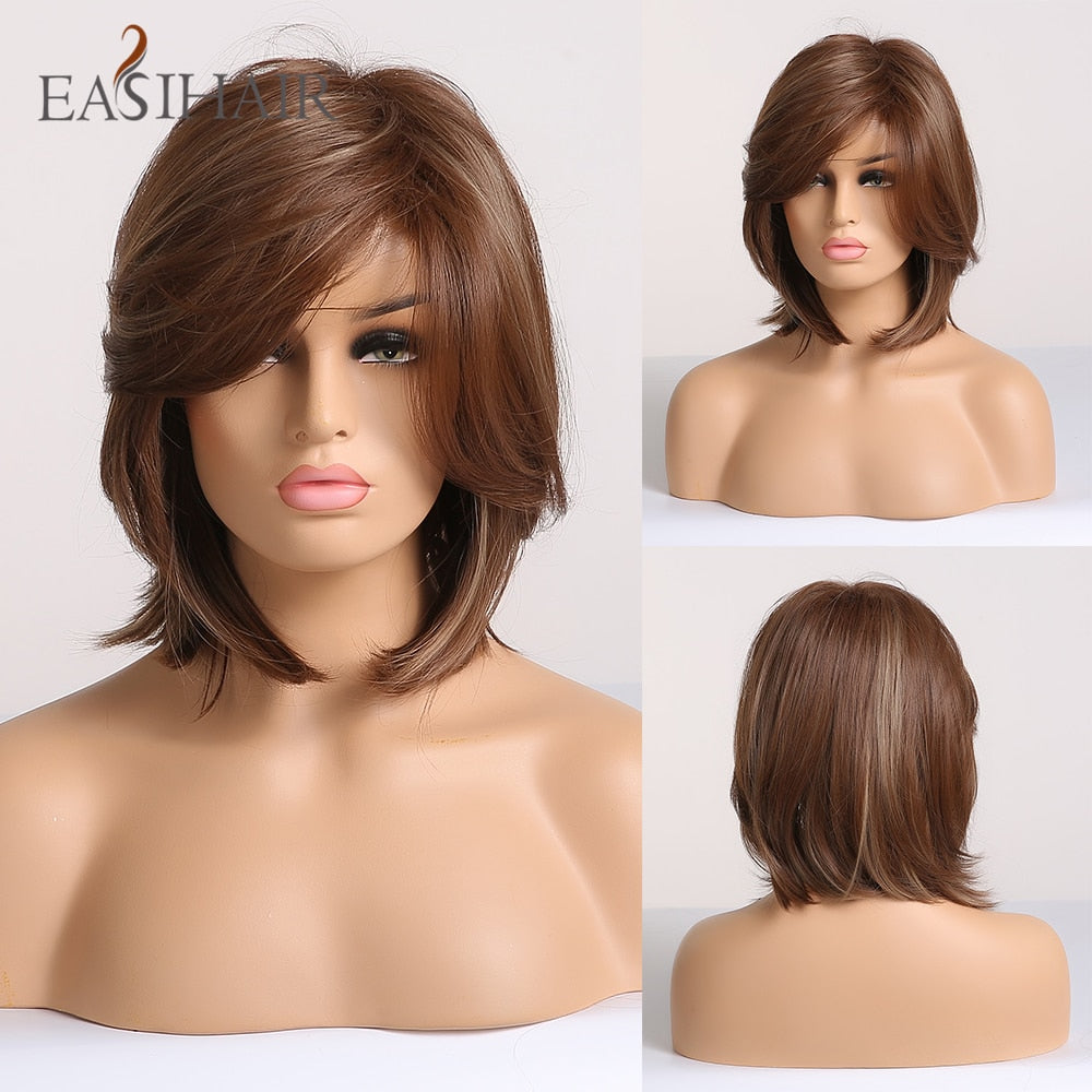 EASIHAIR Short Women Brown Wigs with Bangs Synthetic Wigs Layered Natural Hair Bob Wig Cosplay Daily Wigs Heat Resistant