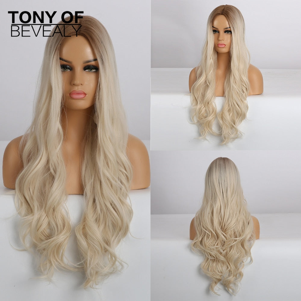 Long Wavy Blonde Synthetic Wigs with Highlights Wigs Middle Part for Afro Women Heat Resistant Cosplay Natural Hair Wigs