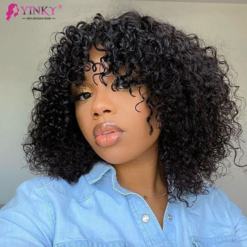 Brazilian Kinky Curly Human Hair Wigs With Bangs Short Bob Wigs Human Hair Glueless Full Machine Made Wigs for Black Women