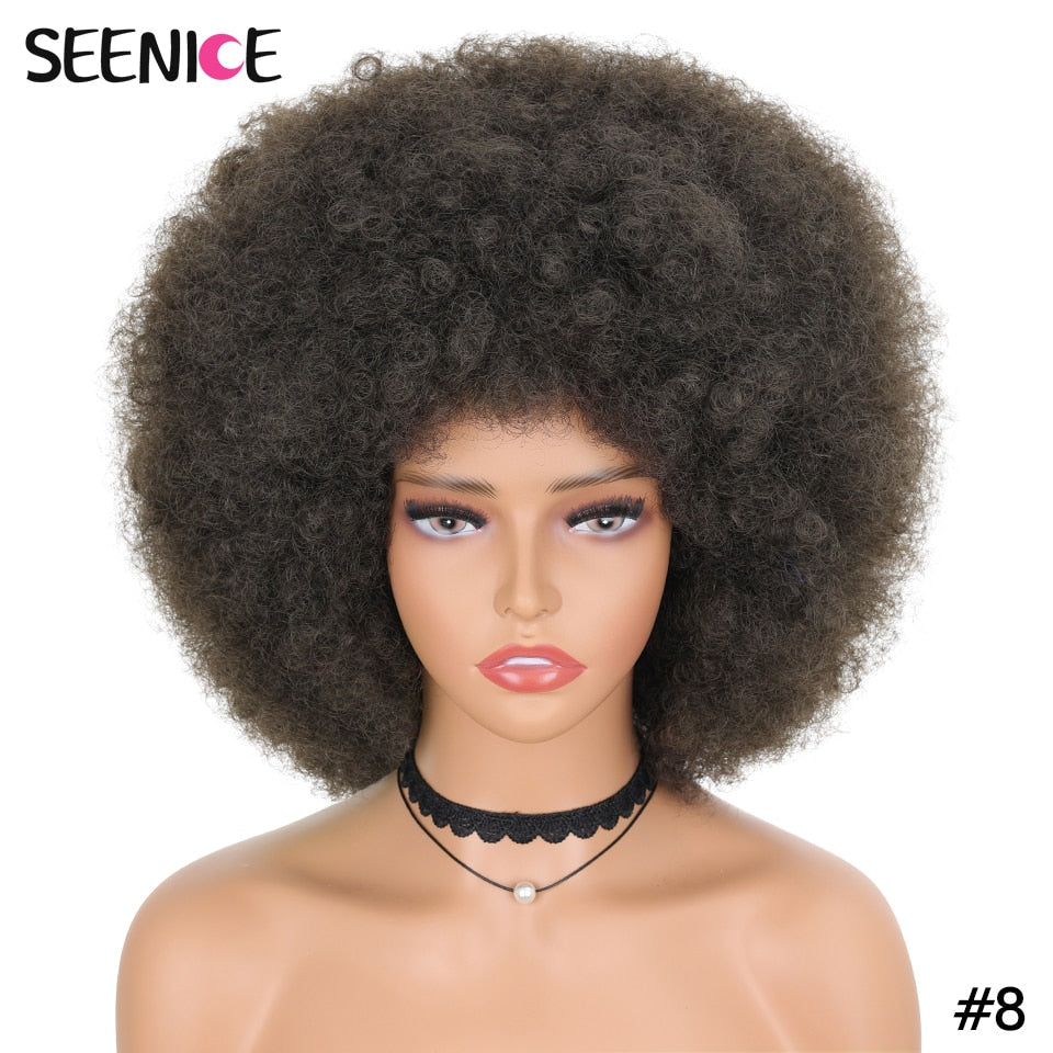 Afro Kinky Curly Wig With Bangs Short Fluffy Hair Wigs For Black Women Synthetic Ombre Glueless Cosplay Natural Brown Black Pink