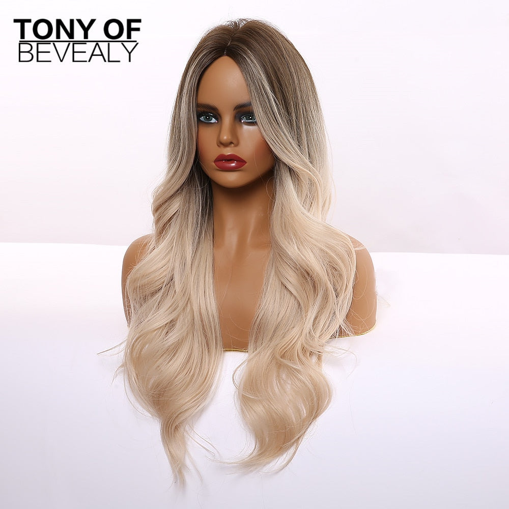 Long Wavy Blonde Synthetic Wigs with Highlights Wigs Middle Part for Afro Women Heat Resistant Cosplay Natural Hair Wigs