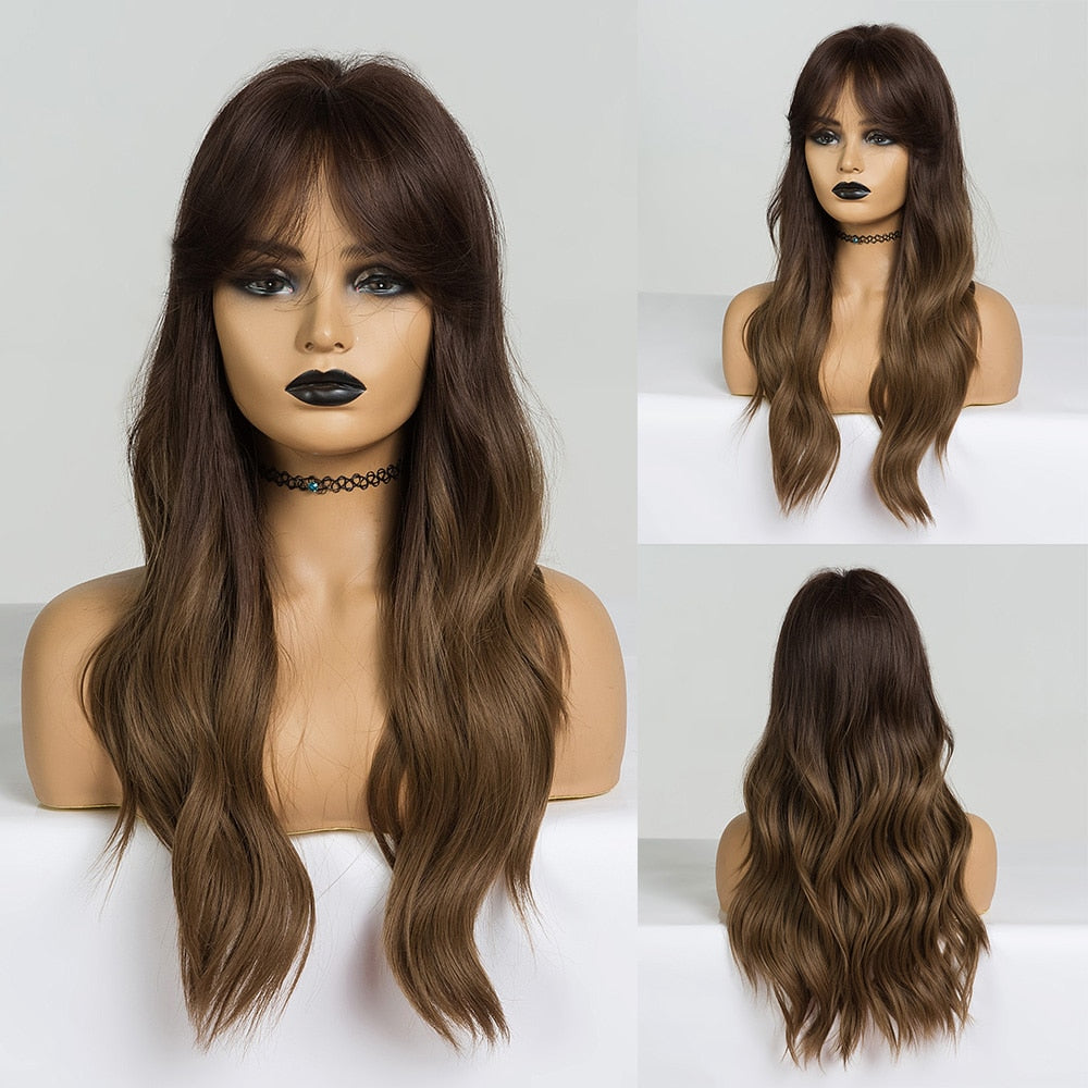 EASIHAIR Long Blonde Wavy Synthetic Wigs for Women Wigs with Bangs High Density Natural Cosplay Wigs Brown Ombre Heat Resistant