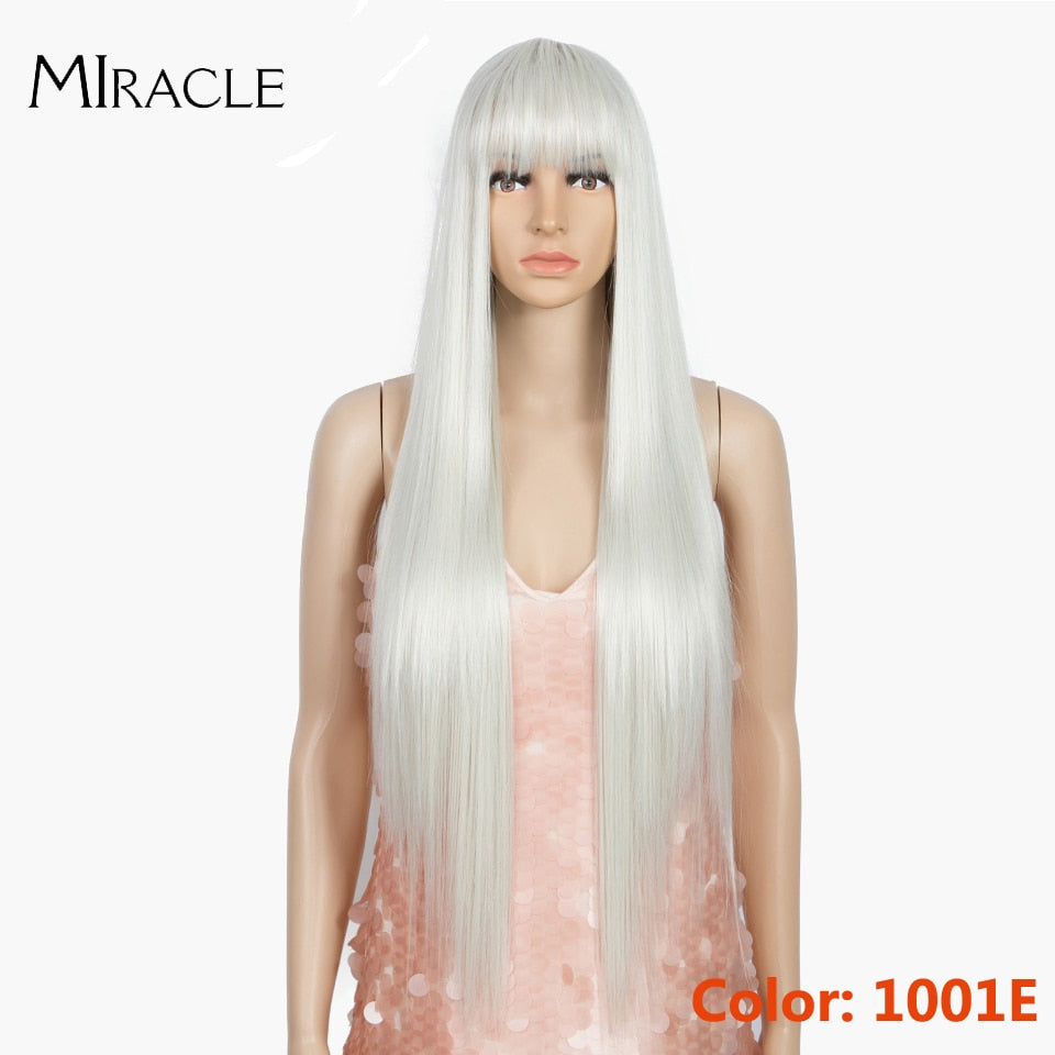 Miracle Blonde Wigs for Black Women Synthetic Wig With Bangs Straight Pink Purple Wigs 32inc Heat Resistant Fiber Cosplay Wigs