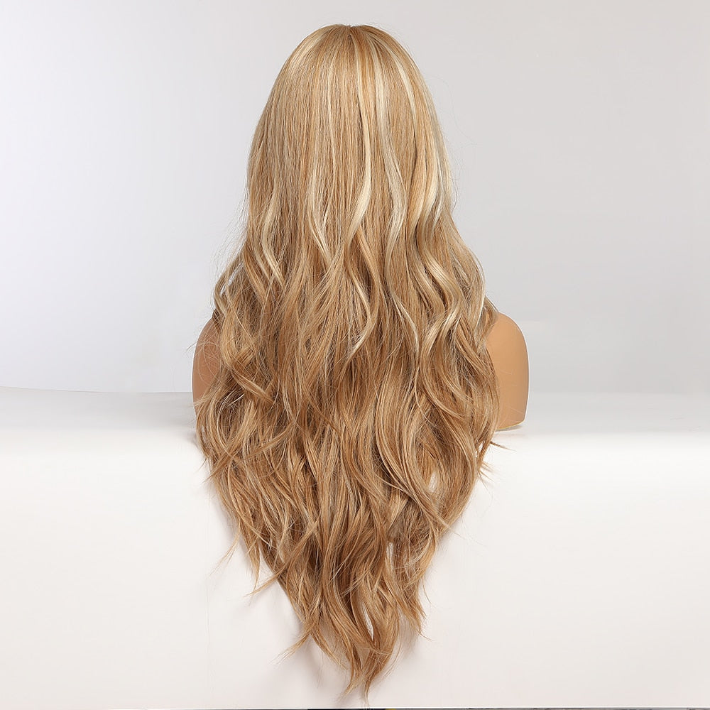 Long Wavy Blonde Synthetic Wigs with Highlights Wigs Middle Part for Afro Women Heat Resistant Cosplay Natural Hair Wigs