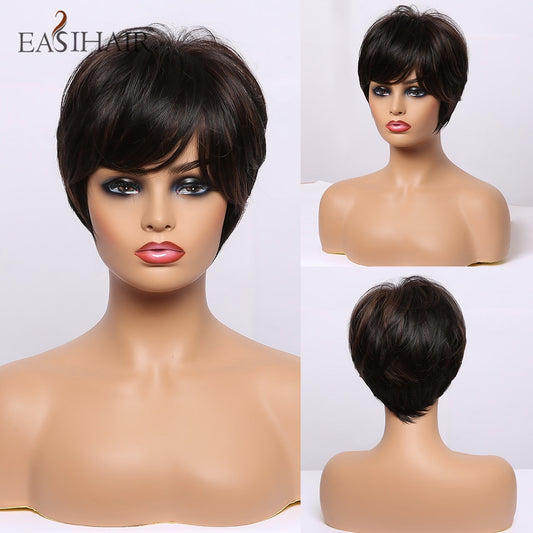 EASIHAIR Short Women Brown Wigs with Bangs Synthetic Wigs Layered Natural Hair Bob Wig Cosplay Daily Wigs Heat Resistant