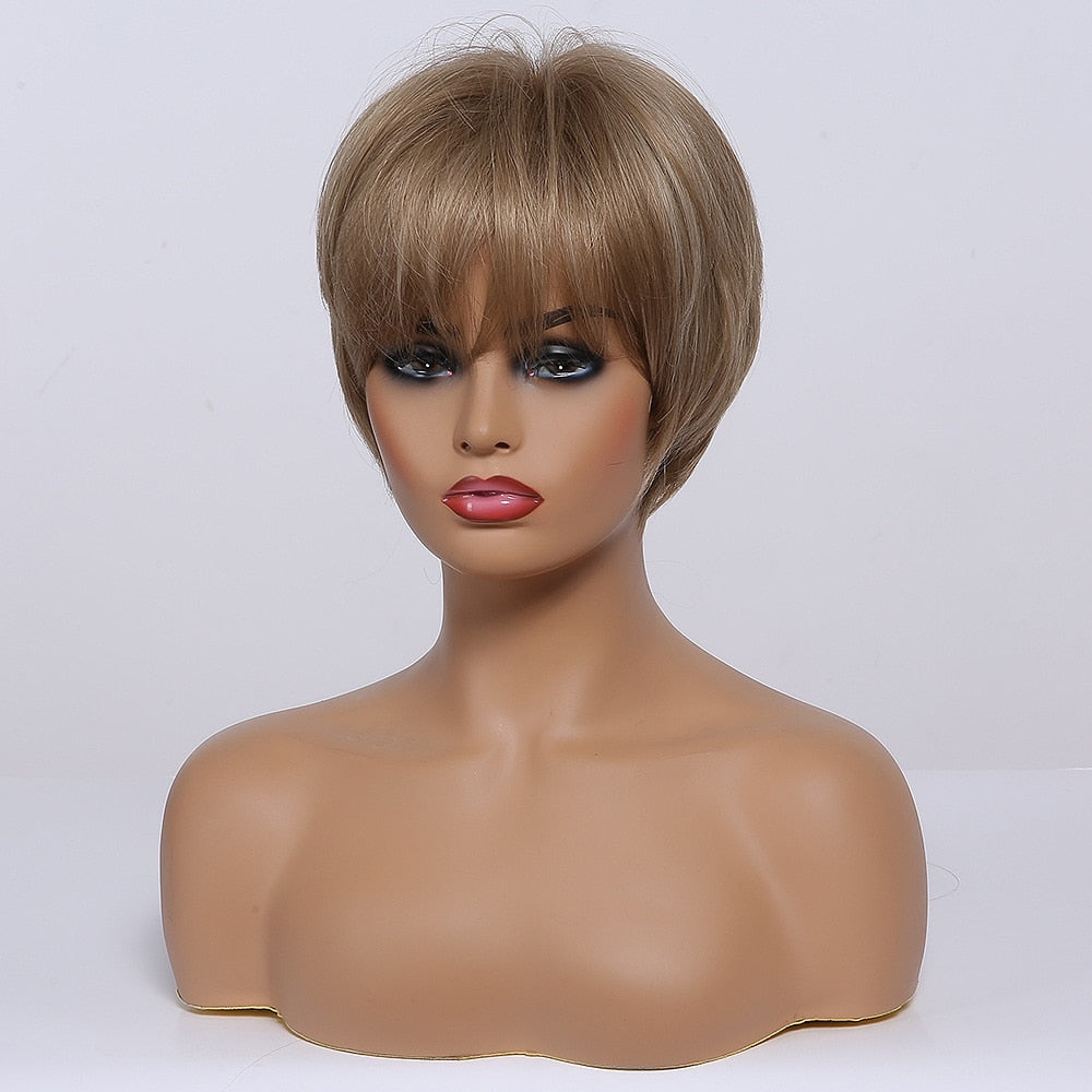 EASIHAIR Short Women Brown Wigs with Bangs Synthetic Wigs Layered Natural Hair Bob Wig Cosplay Daily Wigs Heat Resistant