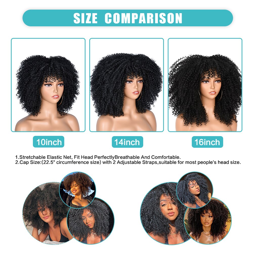 16&#39;&#39;Short Hair Afro Kinky Curly Wig With Bangs For Black Women Cosplay Lolita Synthetic Natural Glueless Brown Mixed Blonde Wigs