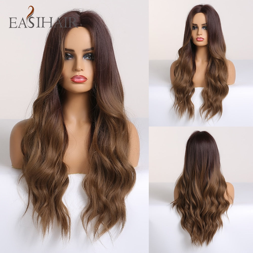 EASIHAIR Long Blonde Wavy Synthetic Wigs for Women Wigs with Bangs High Density Natural Cosplay Wigs Brown Ombre Heat Resistant