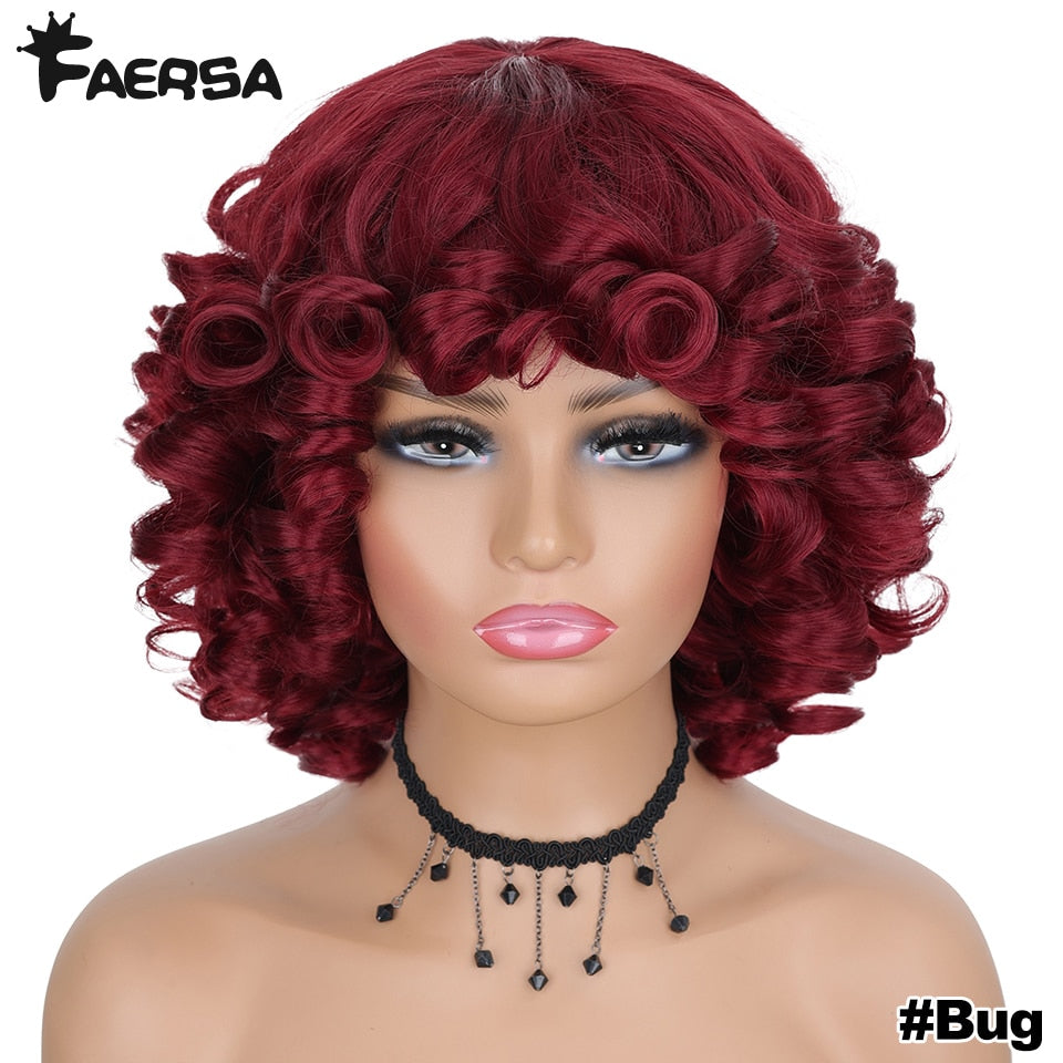 Short Hair Afro Kinky Curly Wigs With Bangs For Black Women Fluffy Synthetic African Ombre Glueless Cosplay Natural Brown Wigs