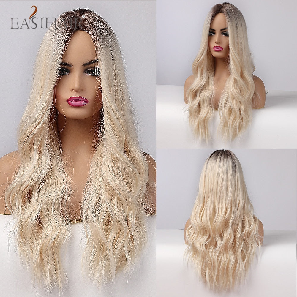 EASIHAIR Long Light Blonde Ombre Natural Wave Style Wigs Heat Resistant Synthetic Wigs Middle Part Hair Cosplay Wigs for Women