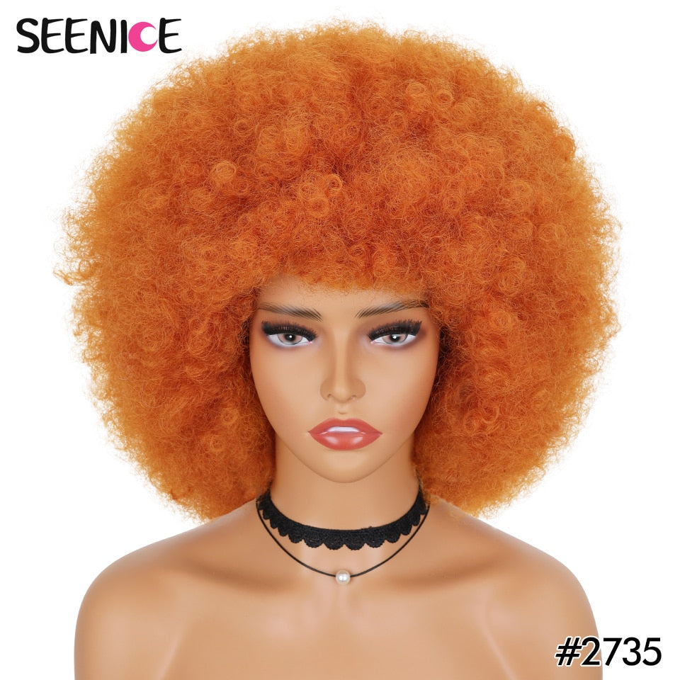 Afro Kinky Curly Wig With Bangs Short Fluffy Hair Wigs For Black Women Synthetic Ombre Glueless Cosplay Natural Brown Black Pink