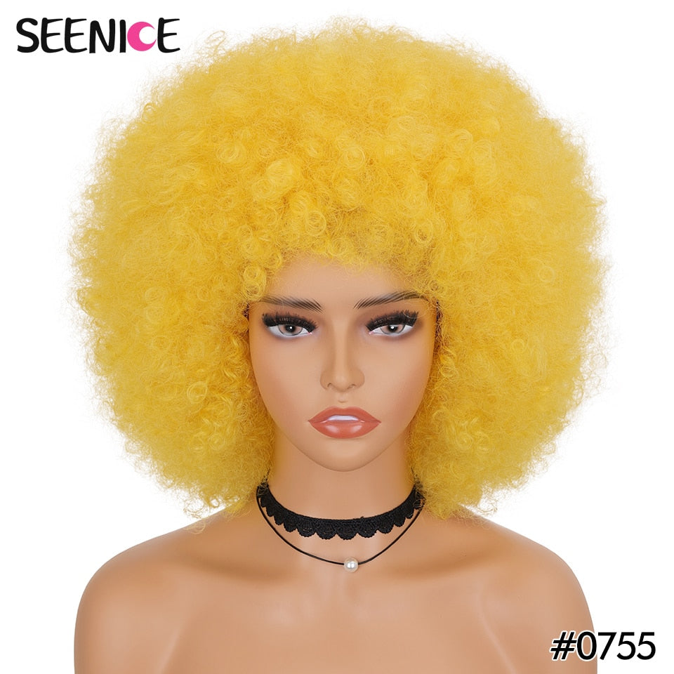 Afro Kinky Curly Wig With Bangs Short Fluffy Hair Wigs For Black Women Synthetic Ombre Glueless Cosplay Natural Brown Black Pink