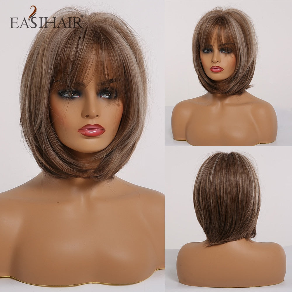 EASIHAIR Short Women Brown Wigs with Bangs Synthetic Wigs Layered Natural Hair Bob Wig Cosplay Daily Wigs Heat Resistant